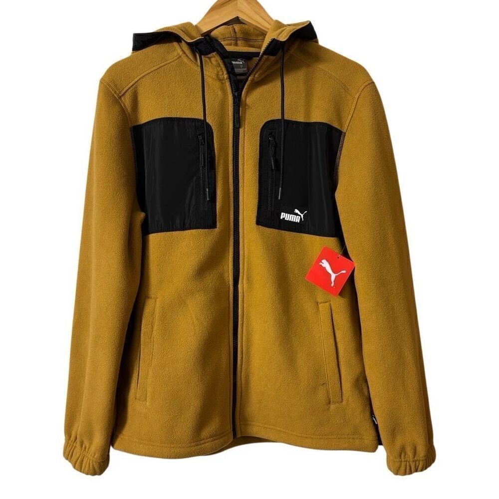 Puma Jacket Mens S Polar Fleece Hooded Full Zip bone Brown new